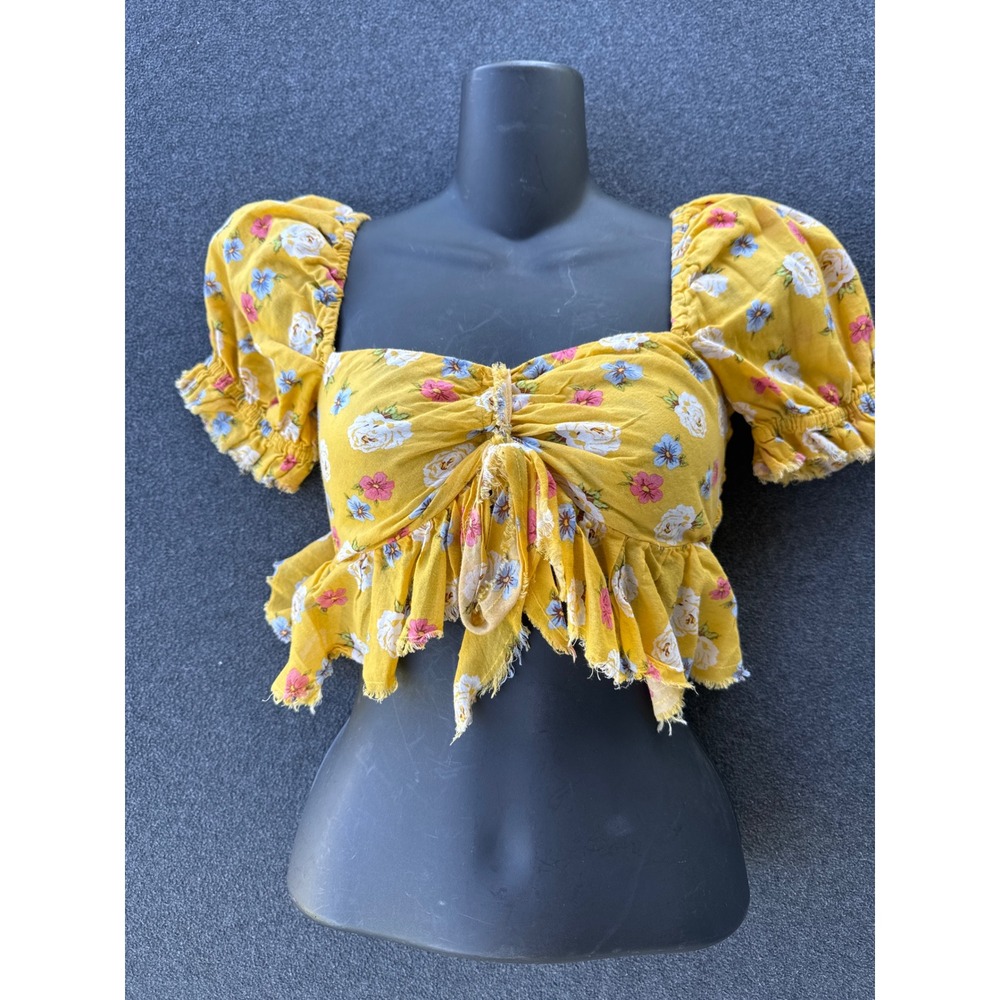 Aeropostale Yellow Floral Smocked Crop Top Tie Front Peasant Blouse XS